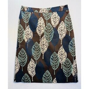 WOMENS BODEN 6 BROWN LEAF teal ivory lined COTTON SKIRT‎ Fall A line EUC